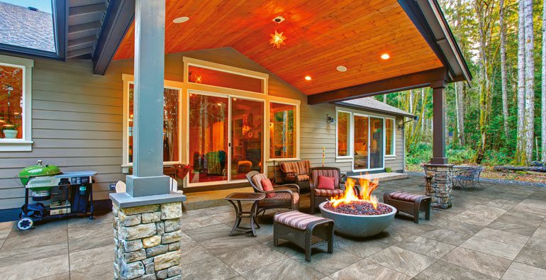 Kronos Quartzite 2cm porcelain tile color Laguna installed on a patio.