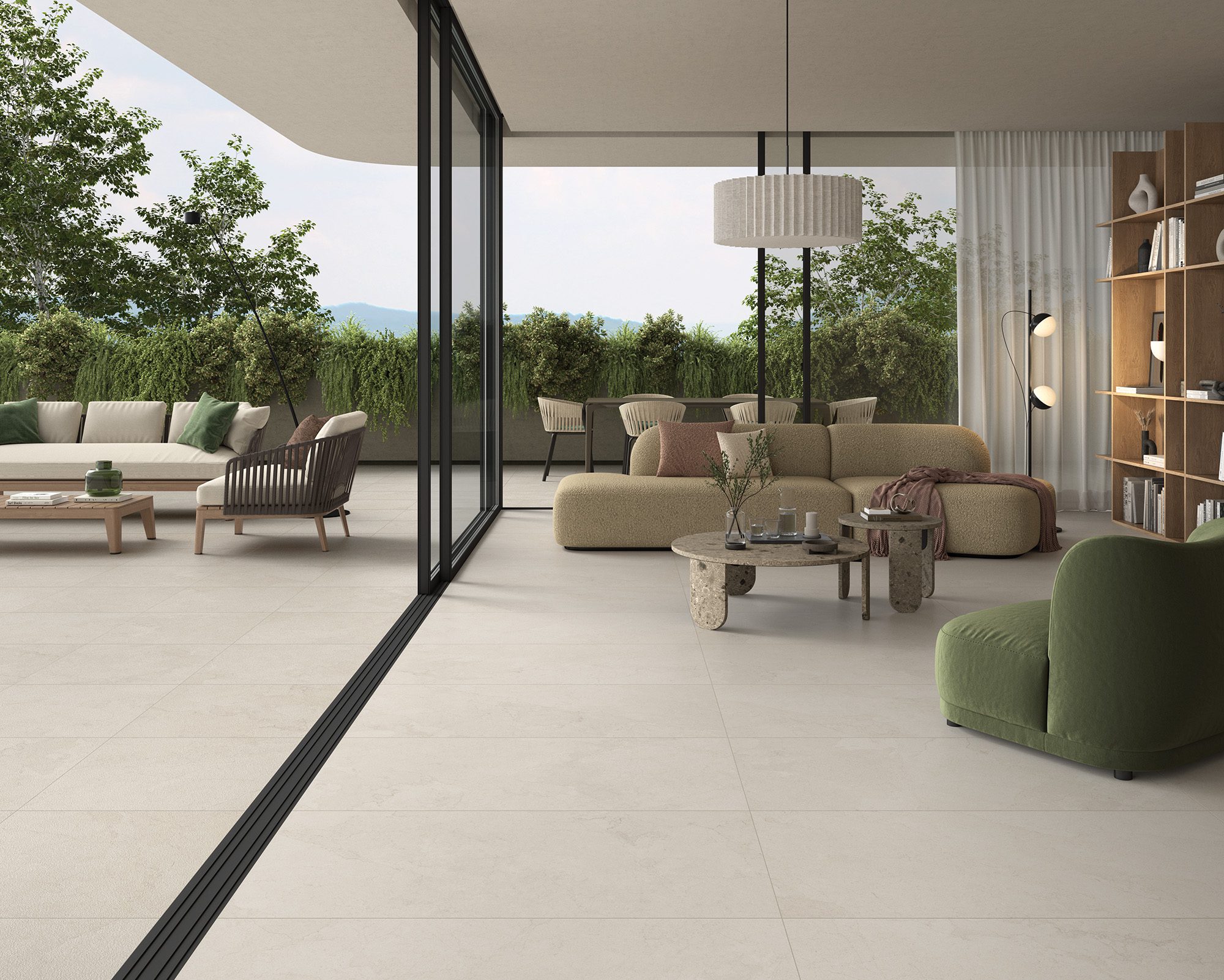 A living room pictured with 2cm pavers continuing outside.